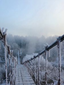 Превью обои мост, иней, подвесной, холод, мороз, зима, высота