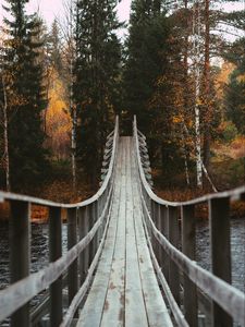 Превью обои мост, лес, деревья, осень, река