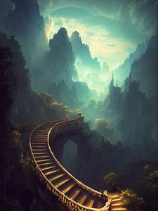 Превью обои мост, лестница, горы, туман, пейзаж, фантастика, арт