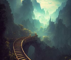 Превью обои мост, лестница, горы, туман, пейзаж, фантастика, арт