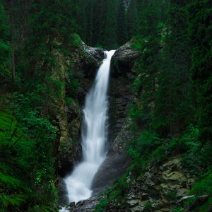 Превью обои водопад, обрыв, течение, деревья, камни