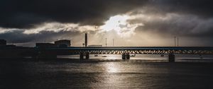 Превью обои мост, море, башня, темный