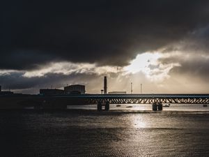 Превью обои мост, море, башня, темный