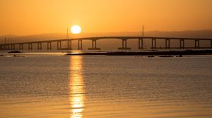 Превью обои мост, море, закат, природа