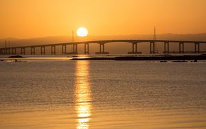 Превью обои мост, море, закат, природа