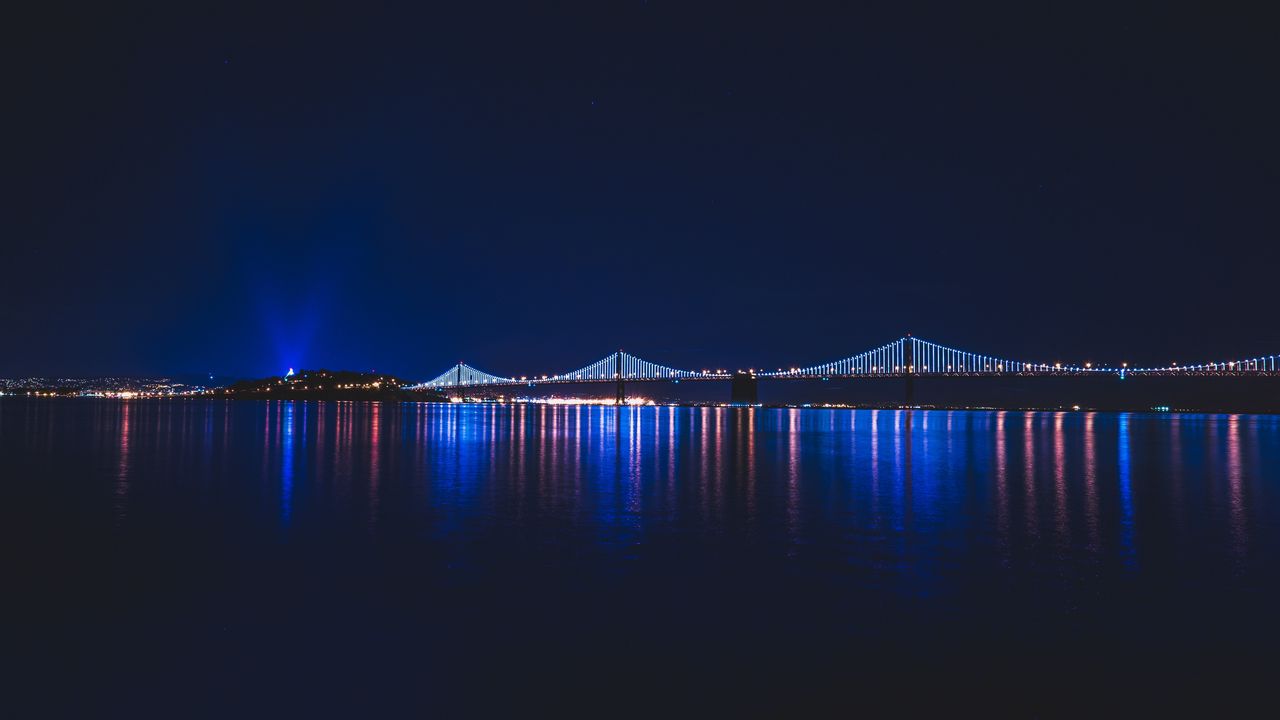 Обои мост, ночь, город, река