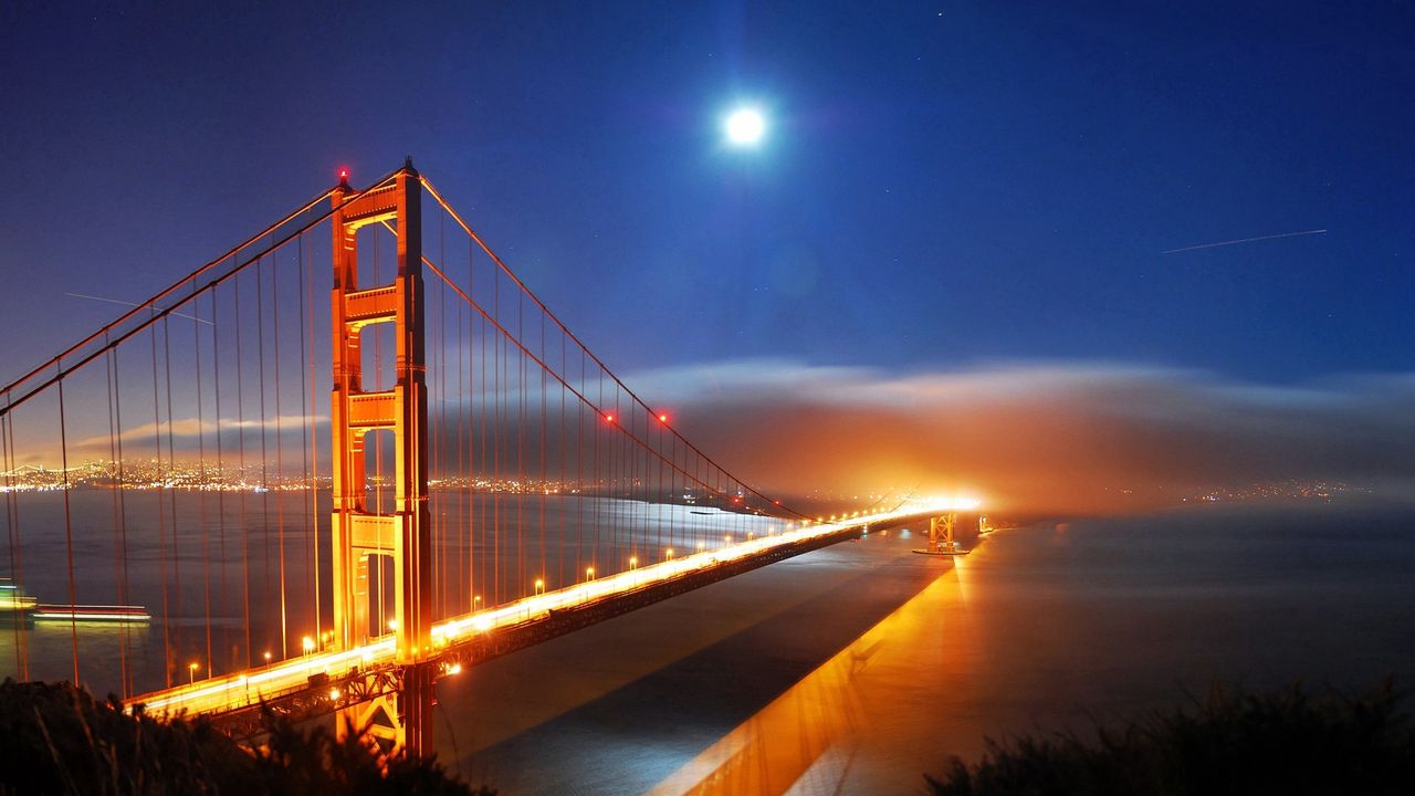 Обои мост, ночь, огни, сан-франциско, калифорния, сша