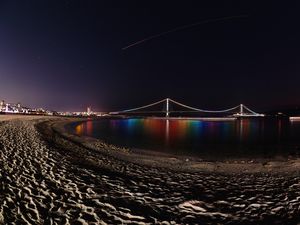 Превью обои мост, ночь, подсветка, отражение, побережье