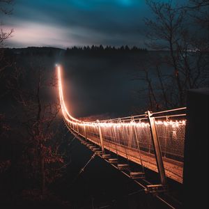Превью обои мост, ночь, туман, деревья