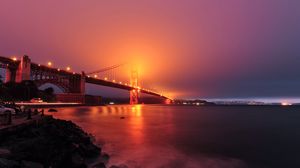 Превью обои мост, ночь, туман, подсветка, залив, мост золотые ворота, сан-франциско, сша