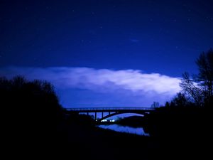 Превью обои мост, ночь, звездное небо, облака