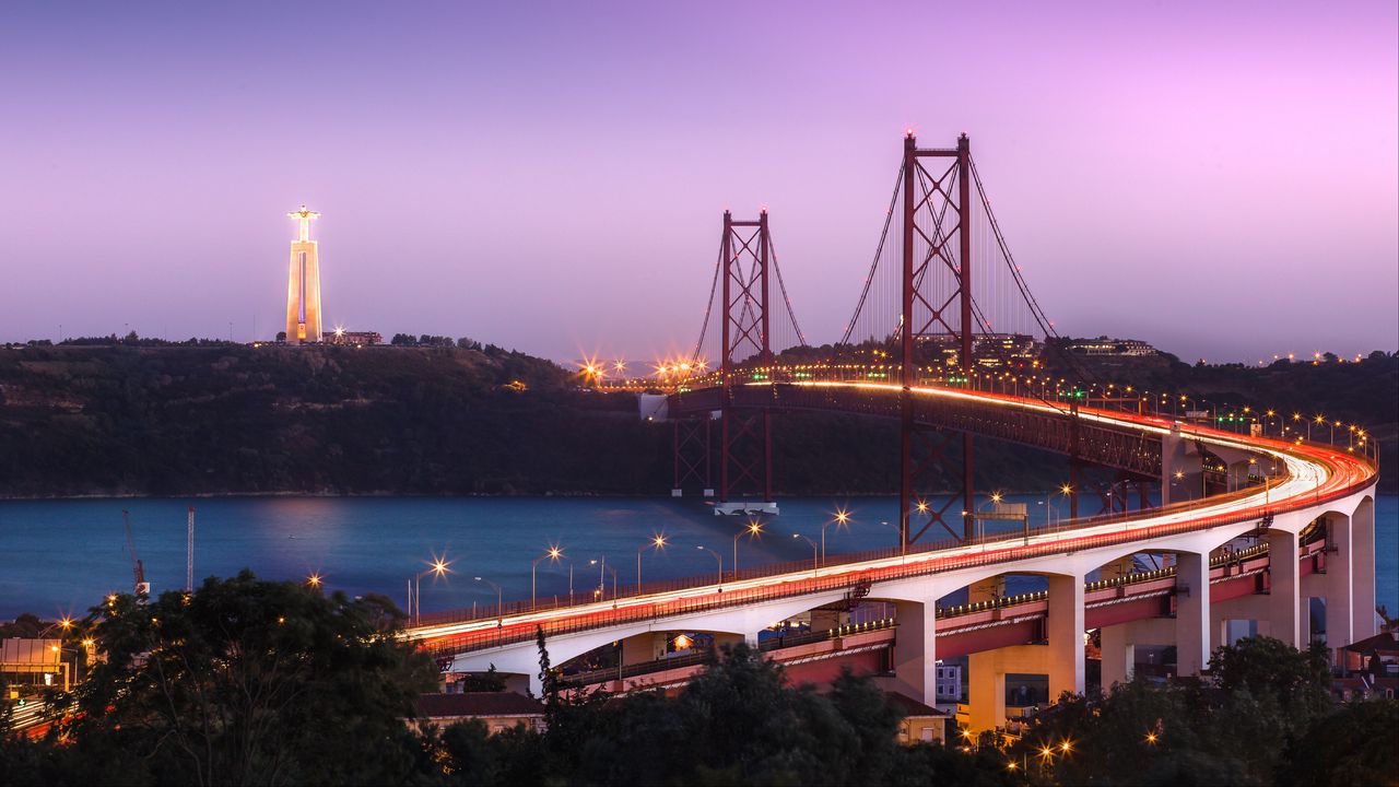 Обои мост, ночной город, огни города, мост имени 25 апреля, лиссабон, алмада