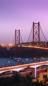 Превью обои мост, ночной город, огни города, мост имени 25 апреля, лиссабон, алмада