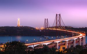 Превью обои мост, ночной город, огни города, мост имени 25 апреля, лиссабон, алмада