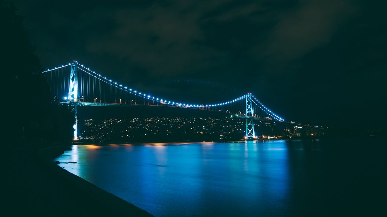 Обои мост, ночной город, река