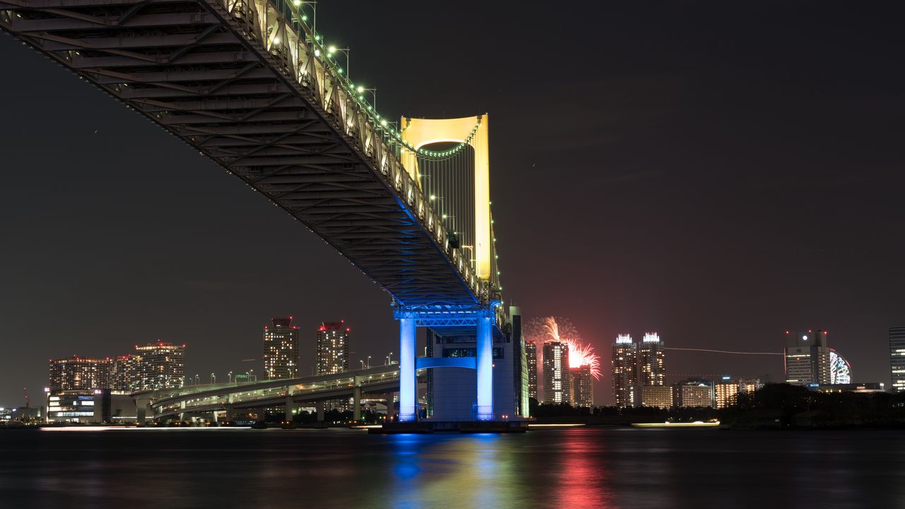 Обои мост, ночной город, залив, токио, япония
