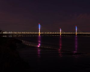 Превью обои мост, огни, река, ночь, темный