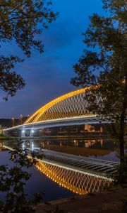 Превью обои мост, огни, ветки, река, архитектура