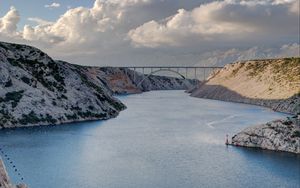 Превью обои мост, озеро, горы, природа