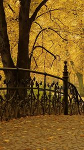 Превью обои мост, перила, парк, осень, деревья, листья
