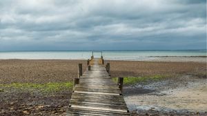 Превью обои мост, пирс, пляж, море, горизонт, облака, небо, пейзаж