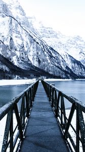 Превью обои мост, пирс, снег, горы, озеро