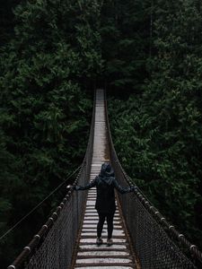 Превью обои мост, подвесной, деревья, человек, одиночество