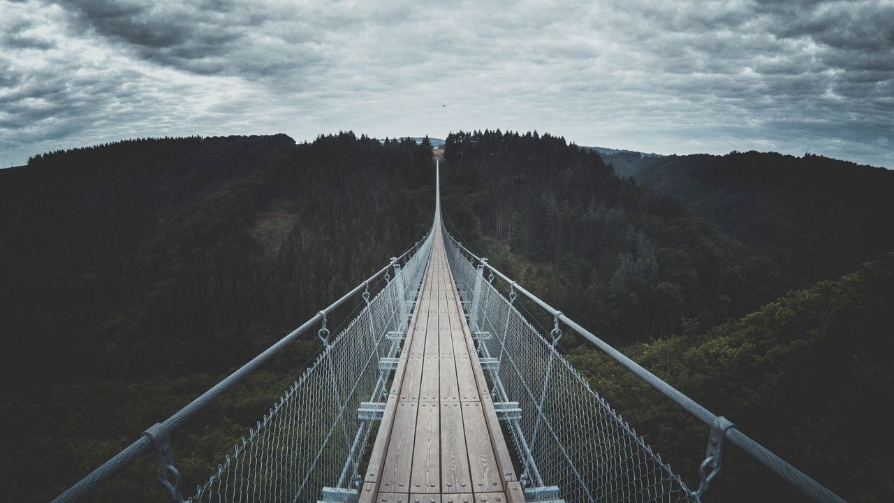 Обои мост, подвесной, лес, деревья, небо, облака, германия