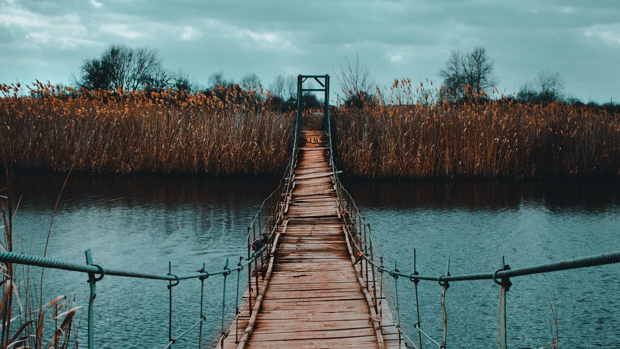 Обои мост, подвесной, река, берег, канатный, деревянный