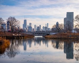 Превью обои мост, пруд, город, отражение, чикаго, сша