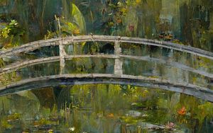 Превью обои мост, пруд, цветы, краска, арт