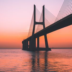 Превью обои мост, рассвет, море, лиссабон, португалия