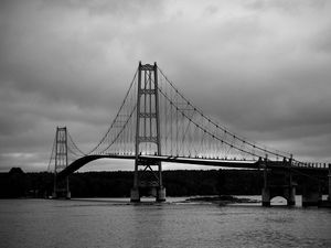 Превью обои мост, река, архитектура, черно-белый