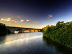 Превью обои мост, река, деревья, небо