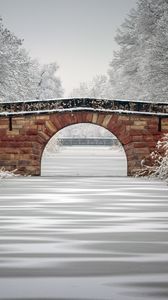 Превью обои мост, река, лед, снег, деревья, зима