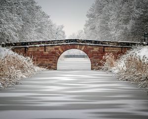 Превью обои мост, река, лед, снег, деревья, зима