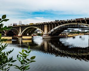 Превью обои мост, река, листья, ветки