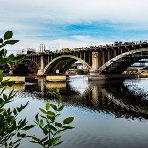 Превью обои мост, река, листья, ветки