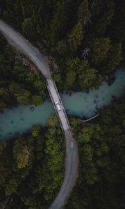 Превью обои мост, река, машина, вид сверху, деревья, лес