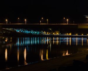 Превью обои мост, река, огни, ночь, темный