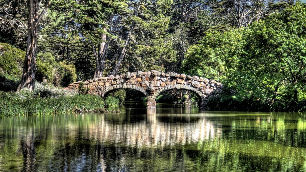 Обои мост, река, отражение, деревья