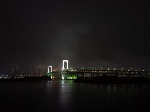 Превью обои мост, река, подсветка, ночной город, туман