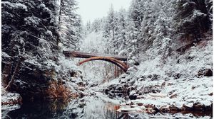 Превью обои мост, река, снег, зима, пейзаж