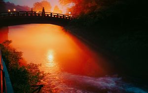 Превью обои мост, река, свет, закат, темный