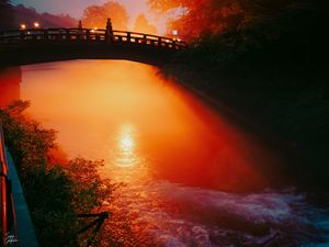 Превью обои мост, река, свет, закат, темный