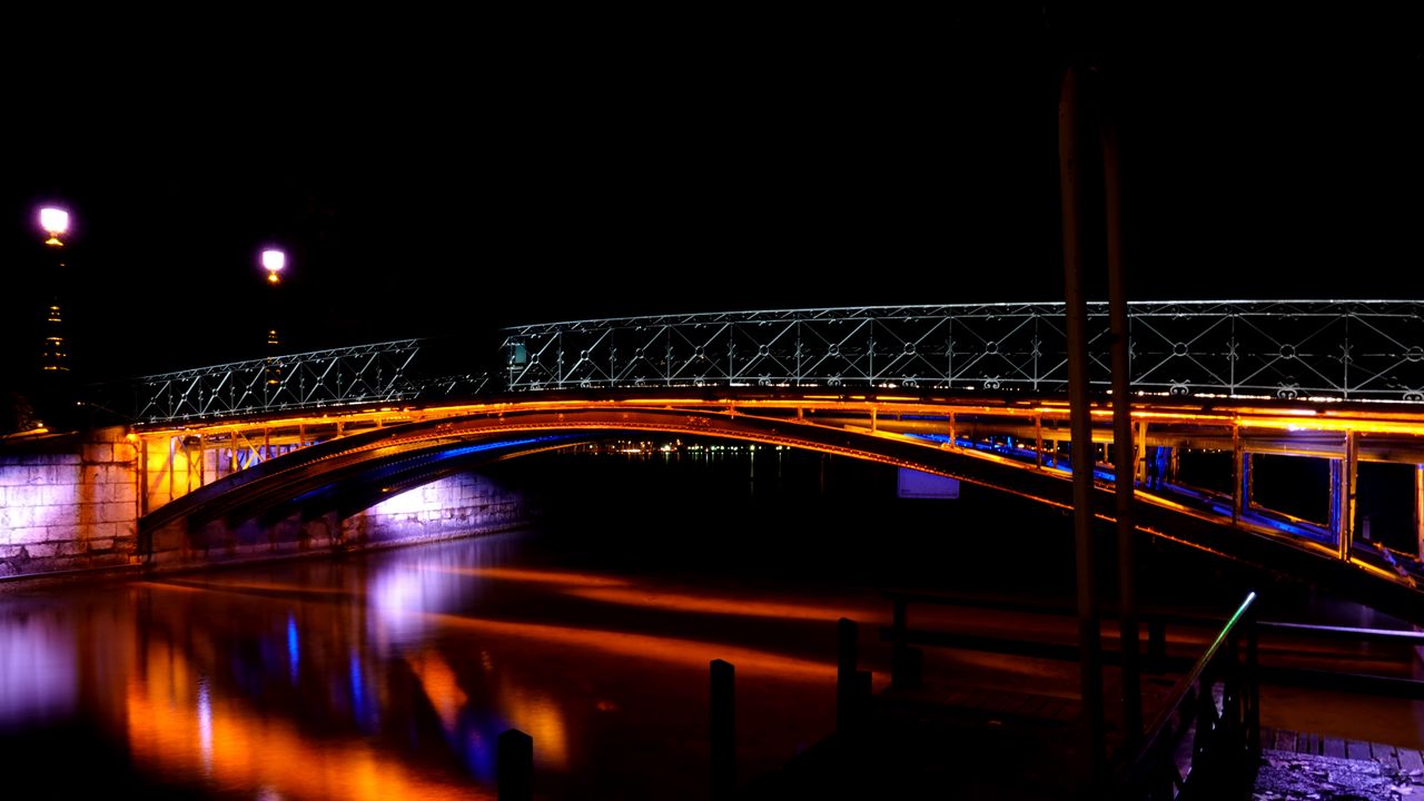 Обои мост, река, темный, ночь, подсветка