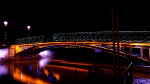 Превью обои мост, река, темный, ночь, подсветка