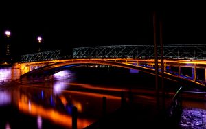 Превью обои мост, река, темный, ночь, подсветка
