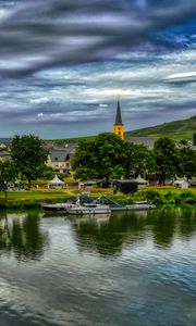 Превью обои мост, река, теплоходы, здания, деревья, облака, пейзаж