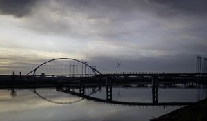 Превью обои мост, река, вода, отражение, облака, небо